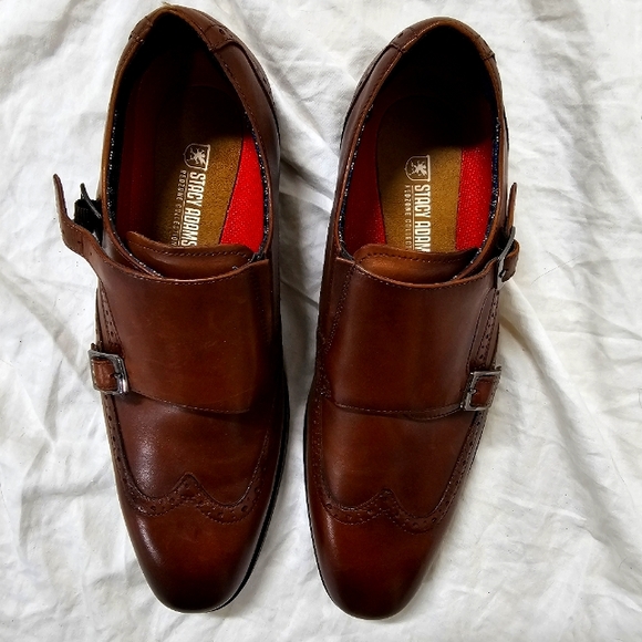Size 9.5 Stacy Adams Cognac Brown Karson Wingtip Monkstrap Dress Shoe - Picture 1 of 10